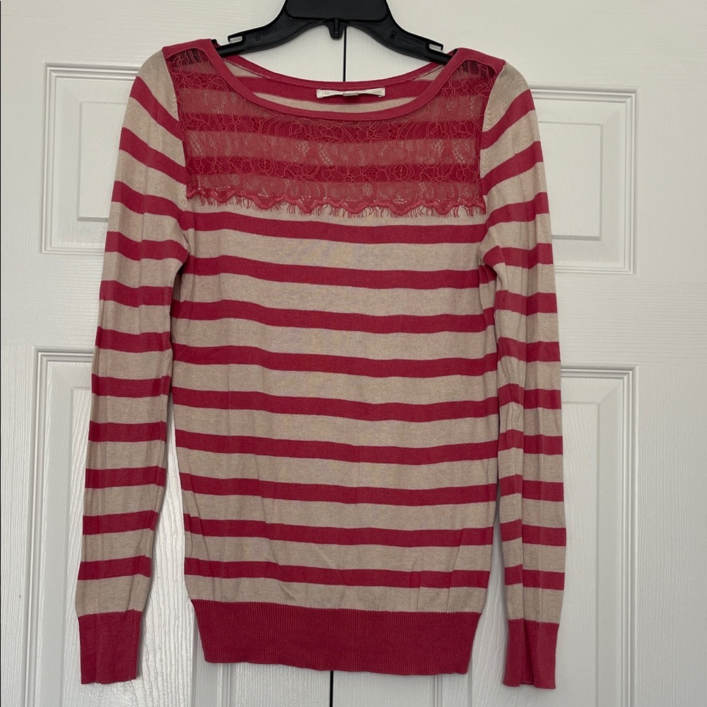 LC Lauren Conrad Pink and Cream Striped Lace Yoke Crewneck Sweater